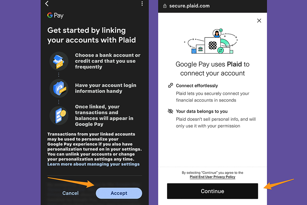 The Google Pay app displaying the terms and conditions for Plaid