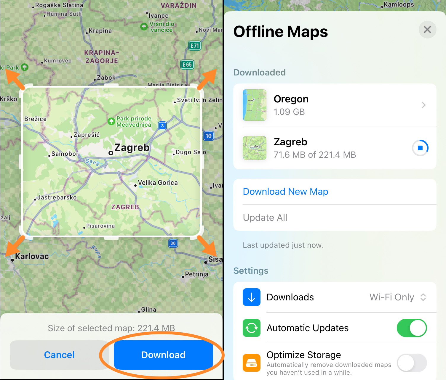 Apple Maps offline maps' download menu