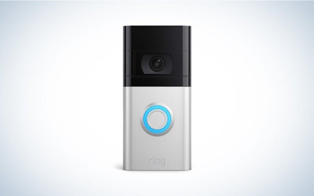 A Ring Video Doorbell 4 on a blue and white background