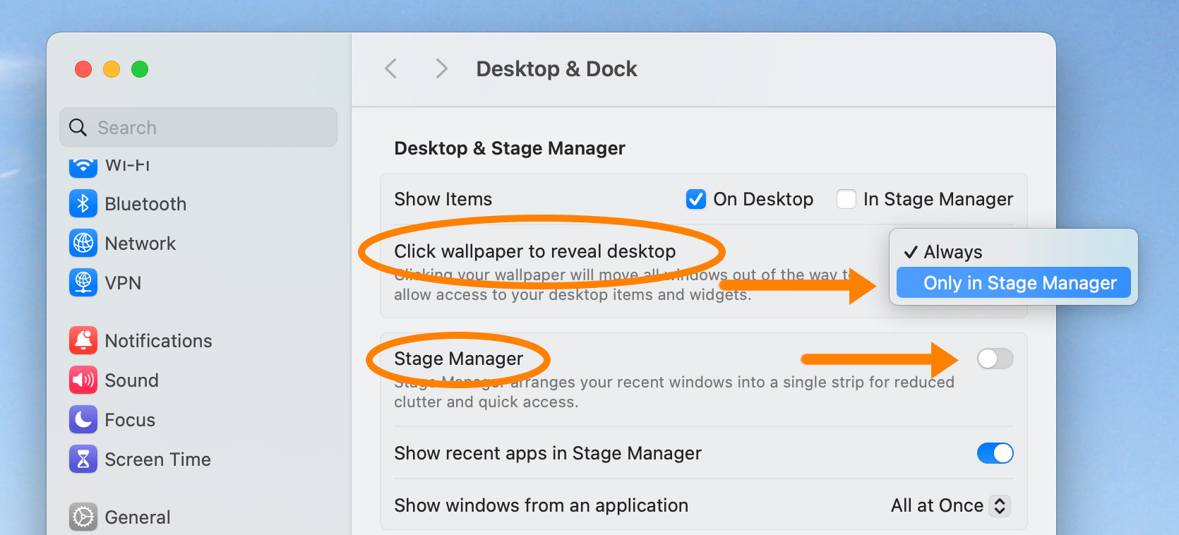 Settings menu for macOS Sonoma