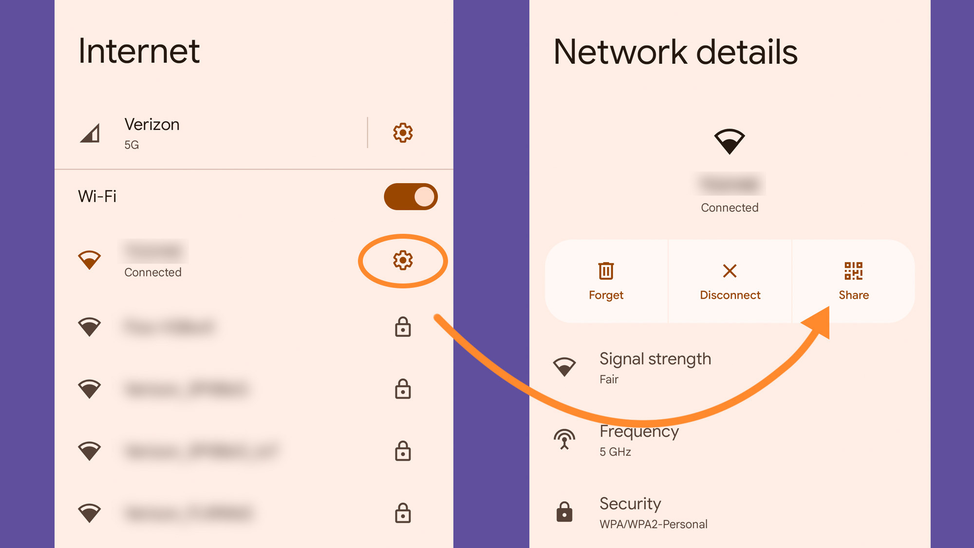 Android settings showing where to find the cog icon that will lead you to your WiFi password.