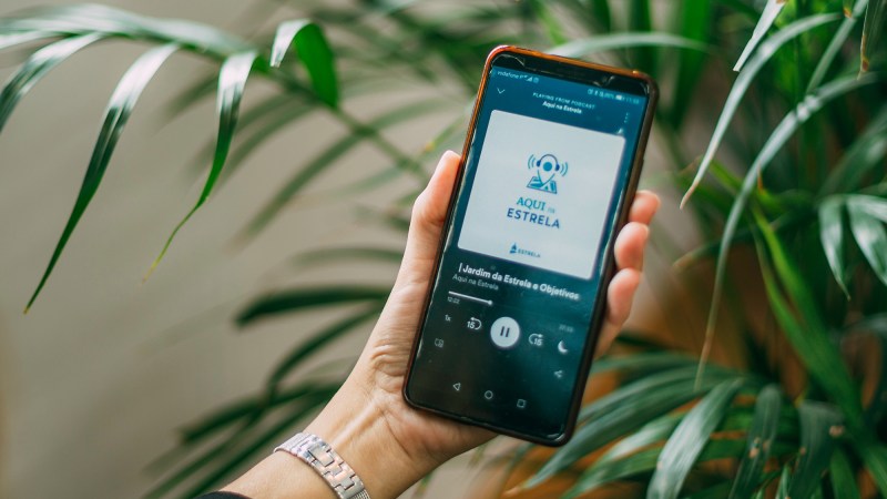 A person'a hand holding an iPhone with a Spotify audiobook playing on the screen, with a houseplant behind the phone.