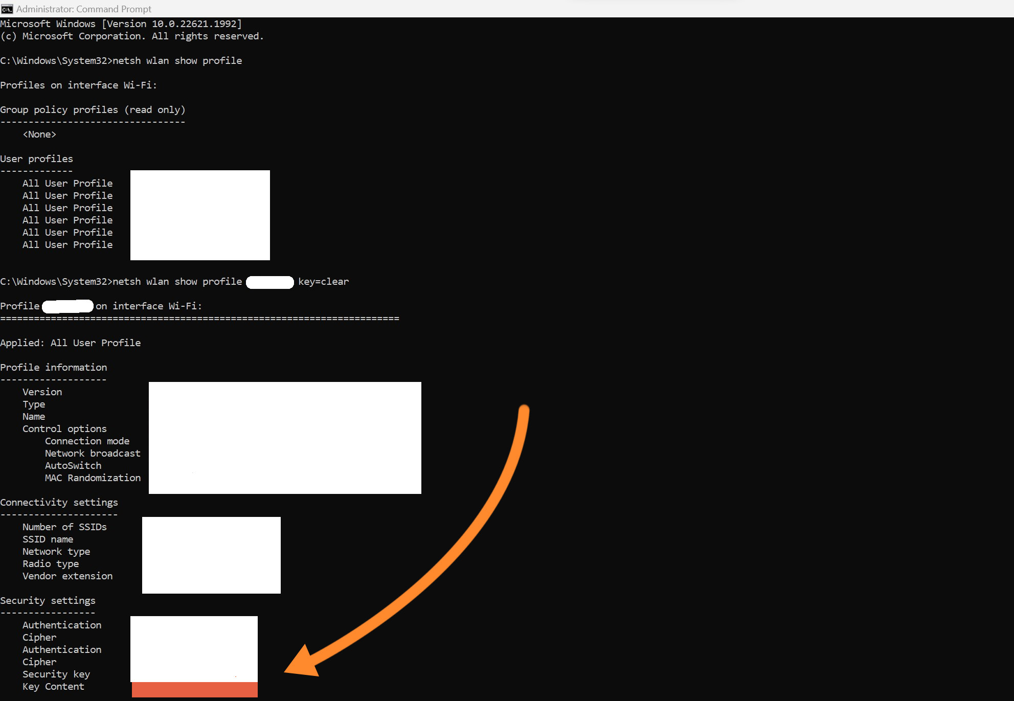 The Windows Command Prompt program showing how to find a WiFi password for a current or previously connected network.