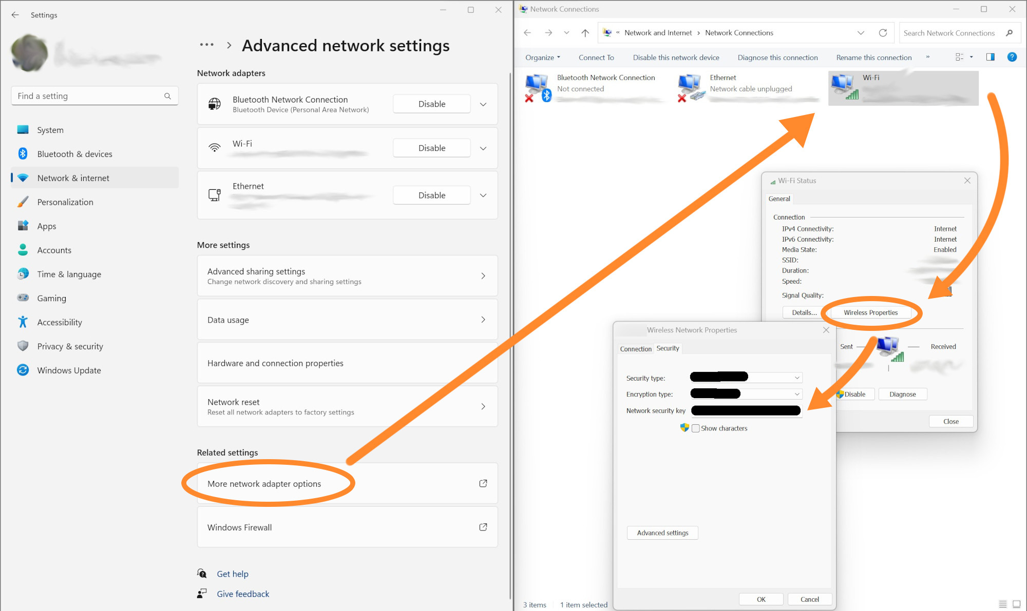 Windows 11 settings showing how to find a WiFi password by going through several windows and menus.