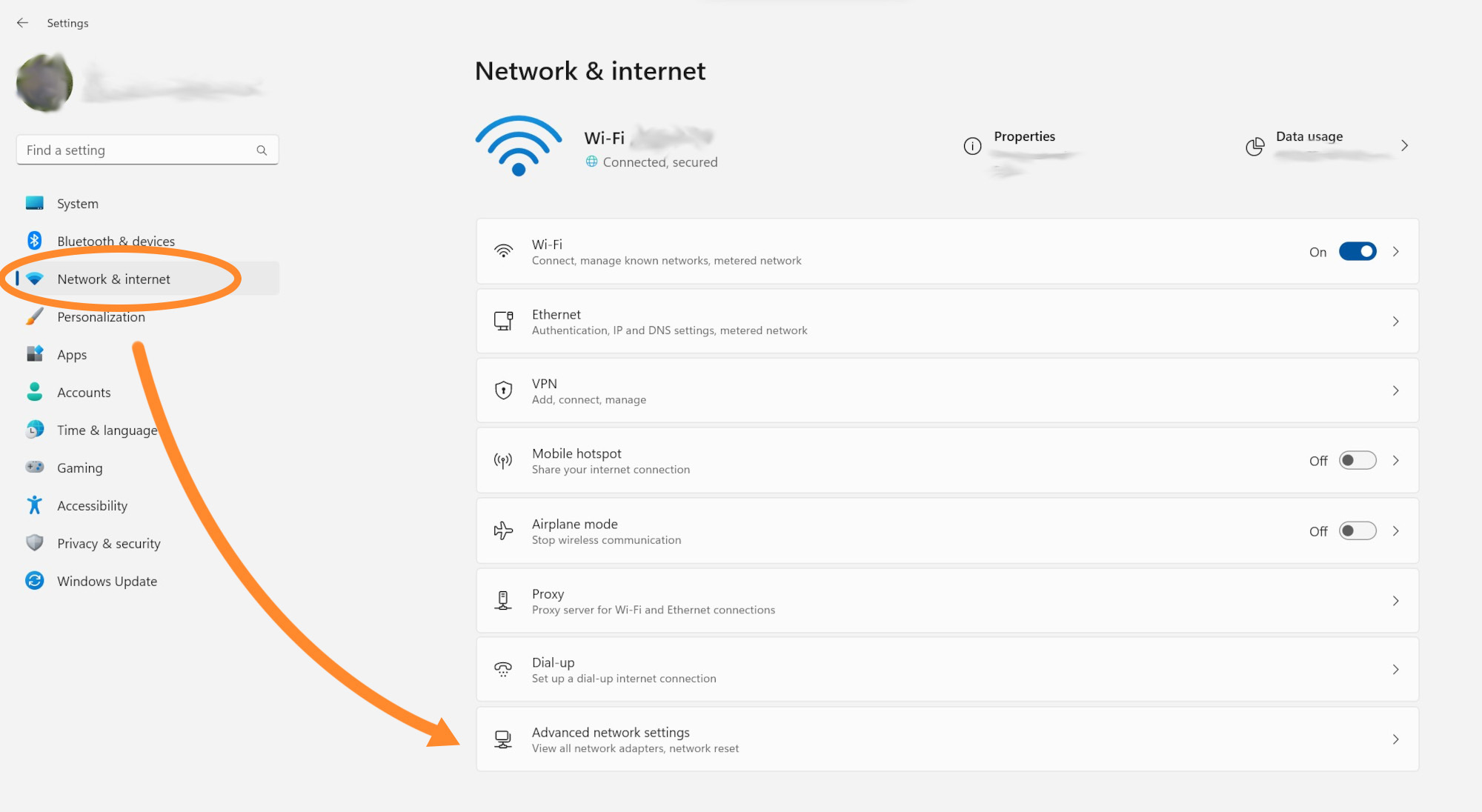 The Windows 11 settings screen, showing where to find WiFi settings.