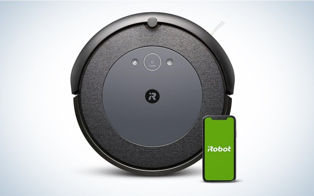 A black WiFi Connected Roomba® i4 Robot Vacuum on a blue and white background