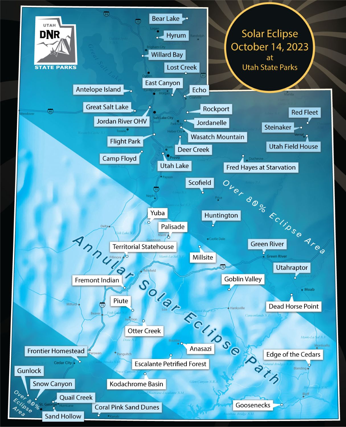 A map of Utah's state parks and the path of annularity.