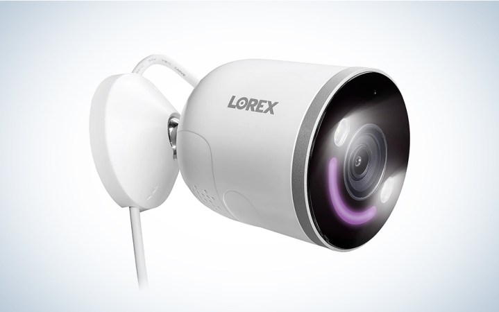  A Lorex 4K wireless camera on a blue and white background