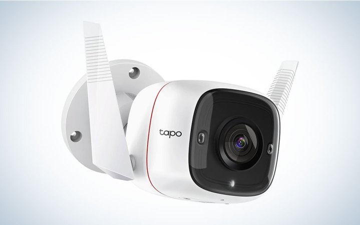  A TP-Link Tapo security camera on a blue and white background