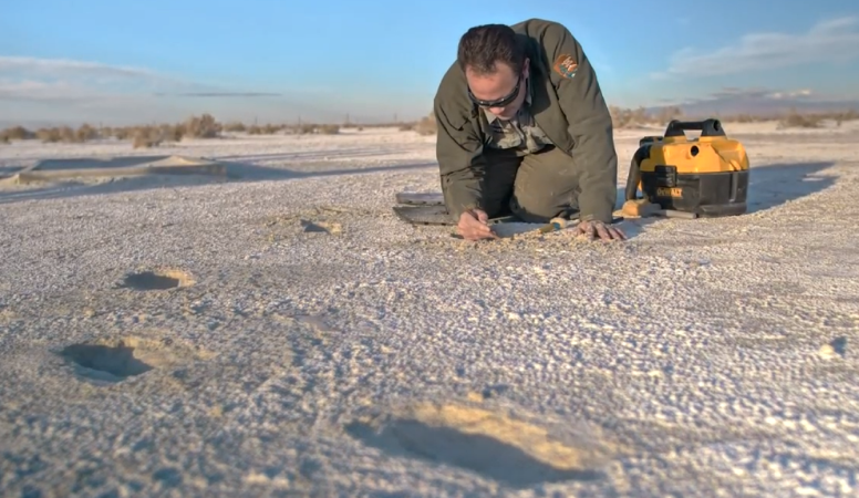 White Sands NPS staff excavating fossilized human footprints from lakebed