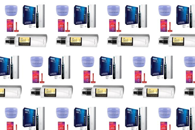 Personal care and beauty products repeating in a pattern on a whilte background