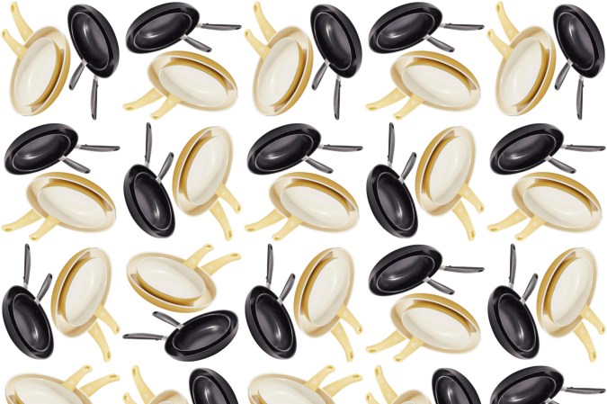 Pots and pans in a pattern on a white background