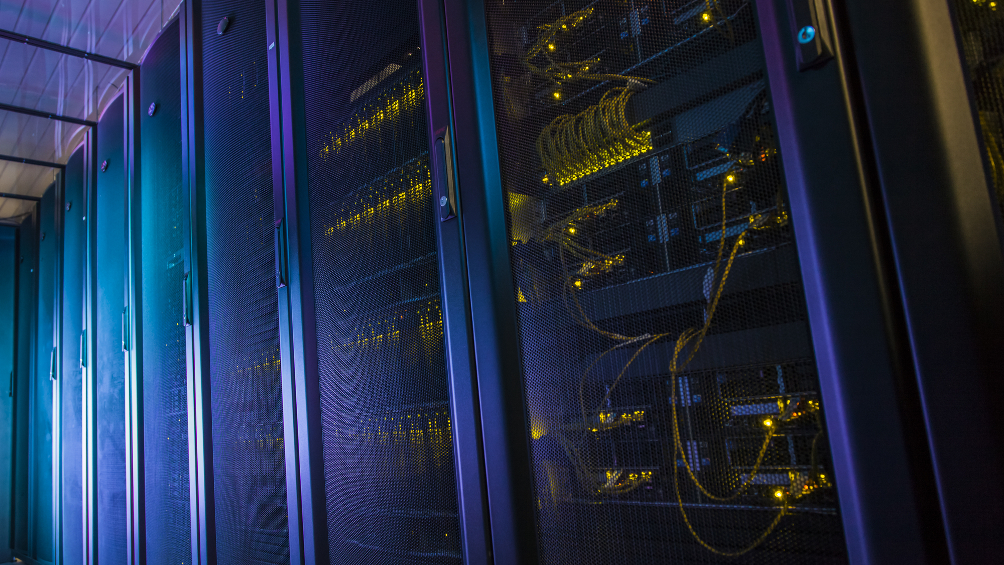 Computer server stacks in dark room