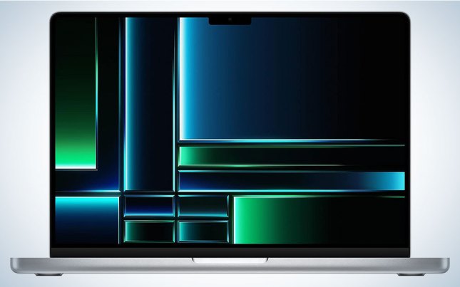 The MacBook Pro 16-inch on a blue and white background