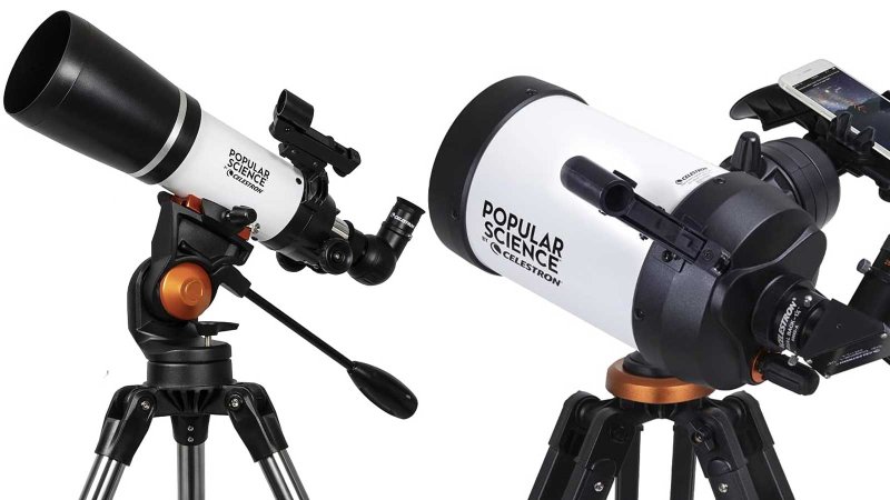 Two Celestron telescopes on a white background