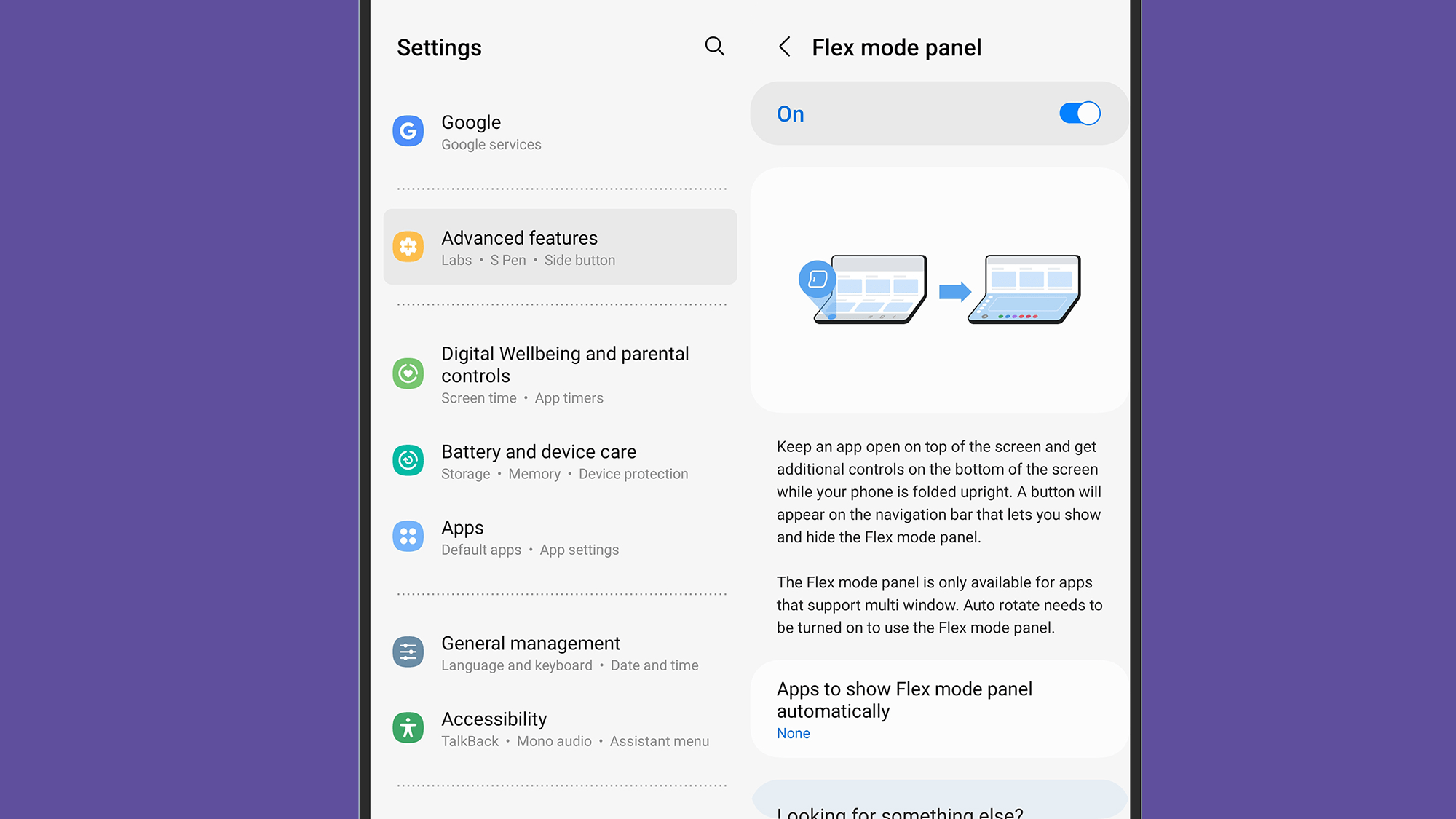 Menu for activating flex mode on Samsung Galaxy Z Fold 5