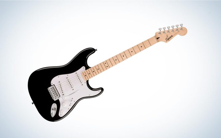  A Fender Squire Sonic in black-and-white tilted to the right on a plain background