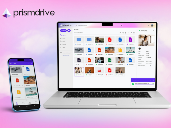 PrismDrive, a cloud storage solution, pulled up on a phone and laptop.