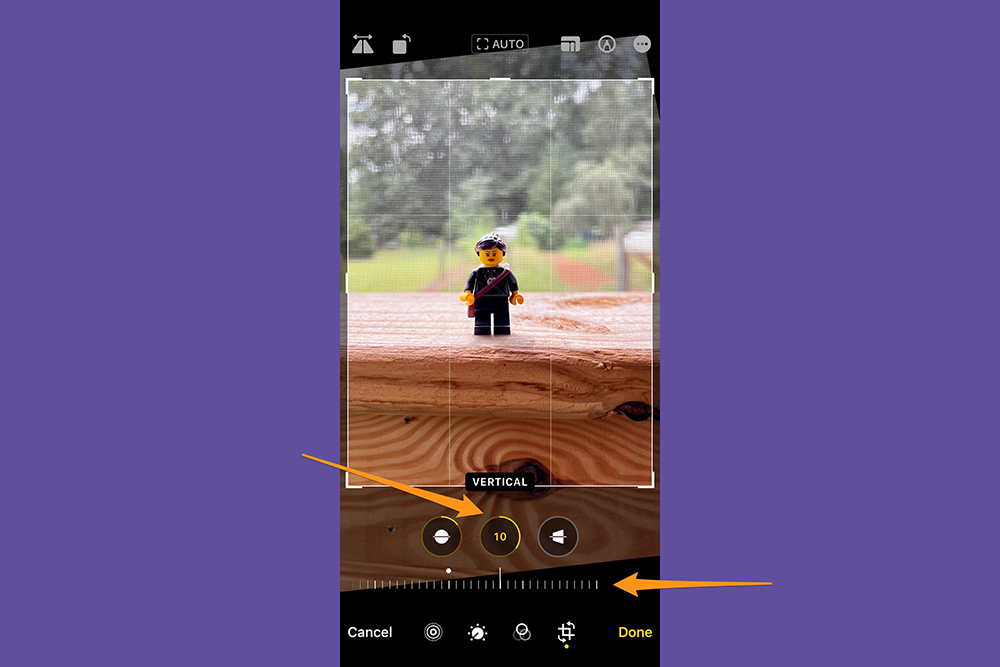 The iPhone Photos app in editing mode, showing how to adjust vertical perspective.