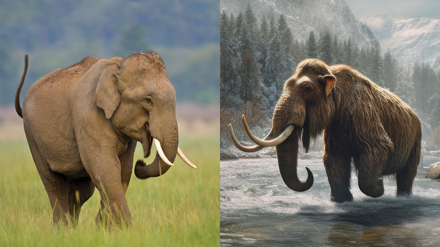 Asian elephant walks through grass; illustration of woolly mammoth stepping across stream