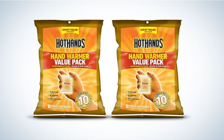  A pack of Hot Hands hand warmers on a blue and white background