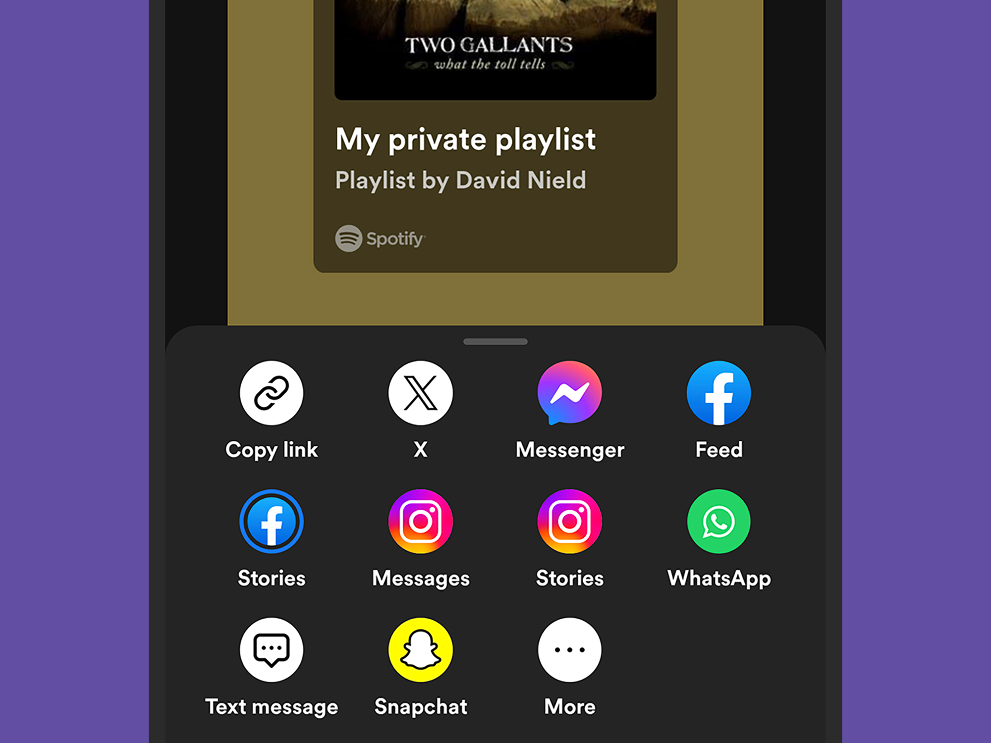 A Spotify menu showing all the app options to share the link to a playlist.