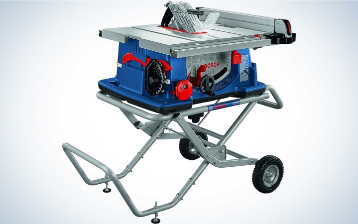  The Bosch 4100XC-10 10-Inch Worksite Table Saw sitting unfolded on a plain white background