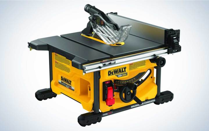  The DeWalt DCS7485B Flexvolt 8-1/4-Inch Table Saw on a plain background