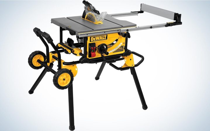  The DeWalt DWE7491RS 10-Inch Table Saw with its legs extended on a plain background