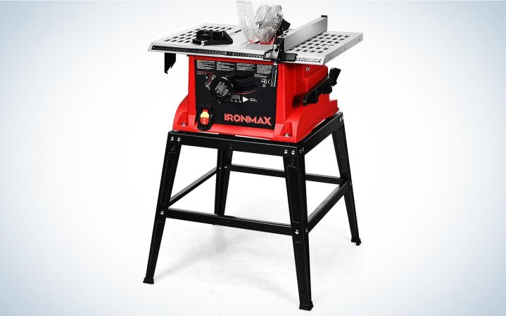  The GoPlus Ironmax 10-Inch Table Saw standing on a plain background