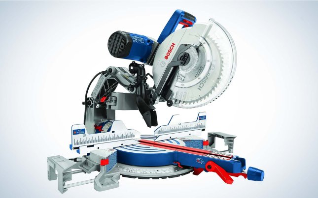 Bosch GCM12SD 12-Inch Dual Bevel Sliding Miter Saw on a plain background not running