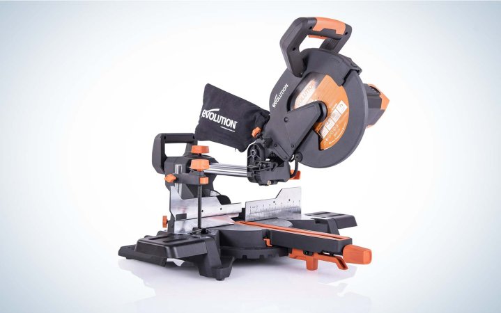  Evolution Power Tools R255SMS+ 10-Inch Miter Saw Plus on a plain background