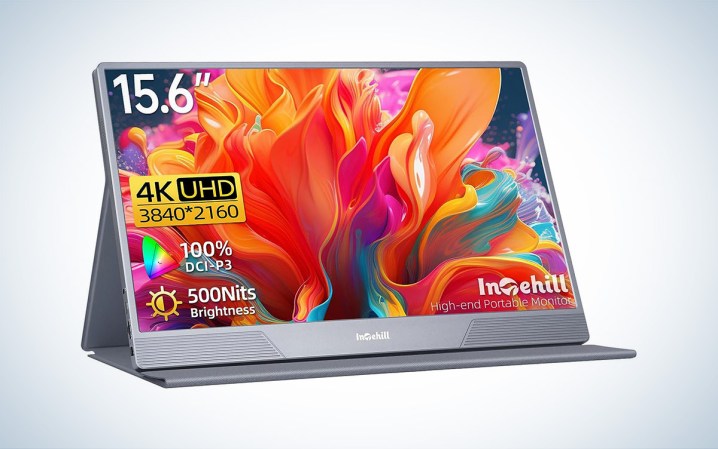  An Intehill U15NA 4K Portable Monitor with a colorful image on the screen against a white background.