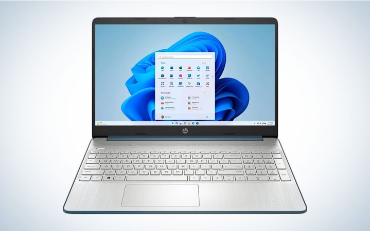  A silver and blue HP 2023 15.6 inch HD Lightweight Laptop on a plain background