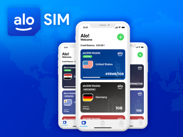 the alo eSim app pulled up on three phones