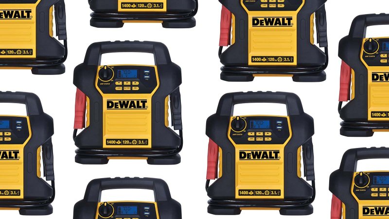 DeWalt power bank jump starters arranged in a pattern on a white background