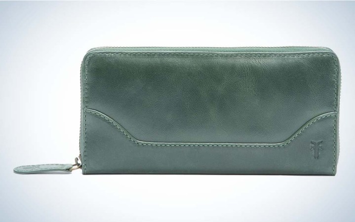  A basil (green) FRYE Melissa Zippered wallet against a plain background.