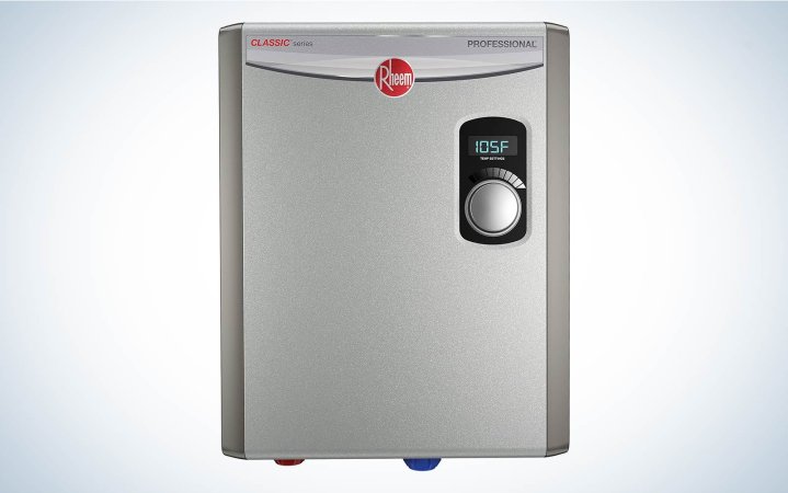  Rheem 18kW 240V Tankless Electric Water Heater on a plain background