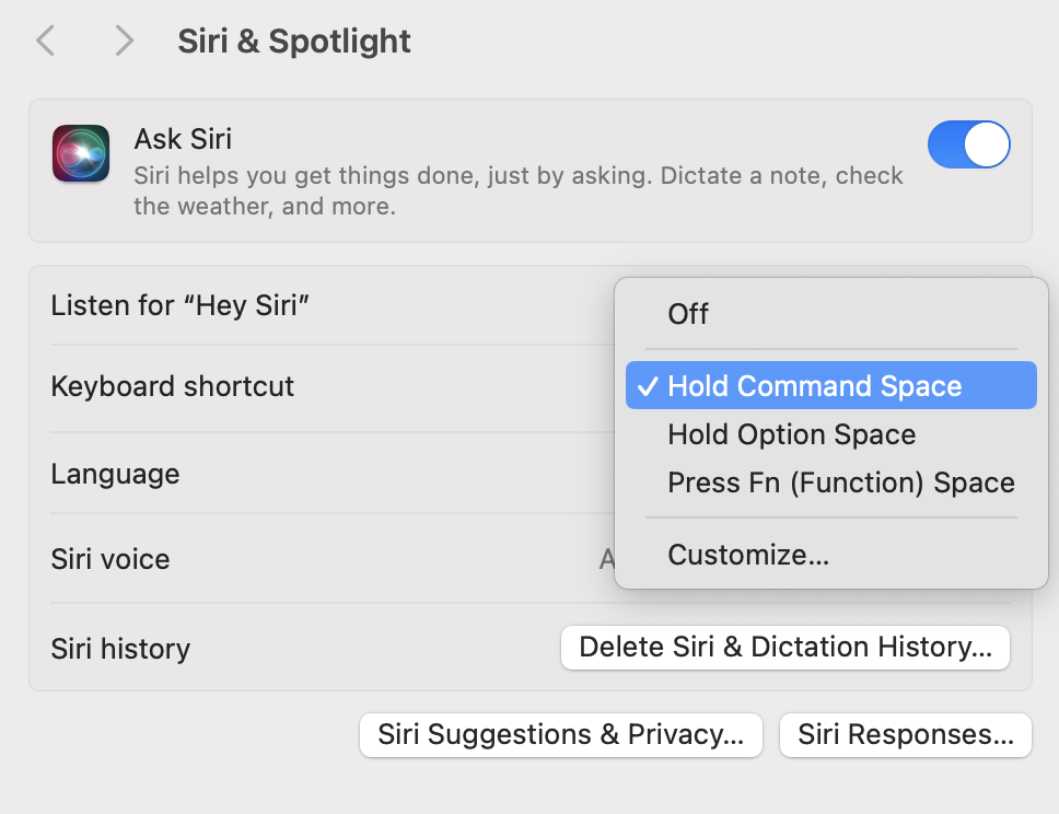 MacOS Siri settings menu showing how to disable audio feedback