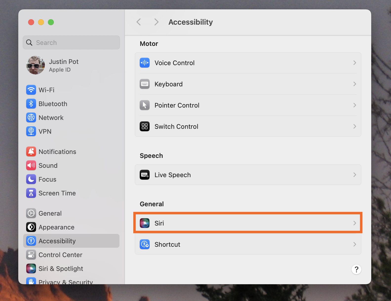 Screen showing accessibility settings on MacOS