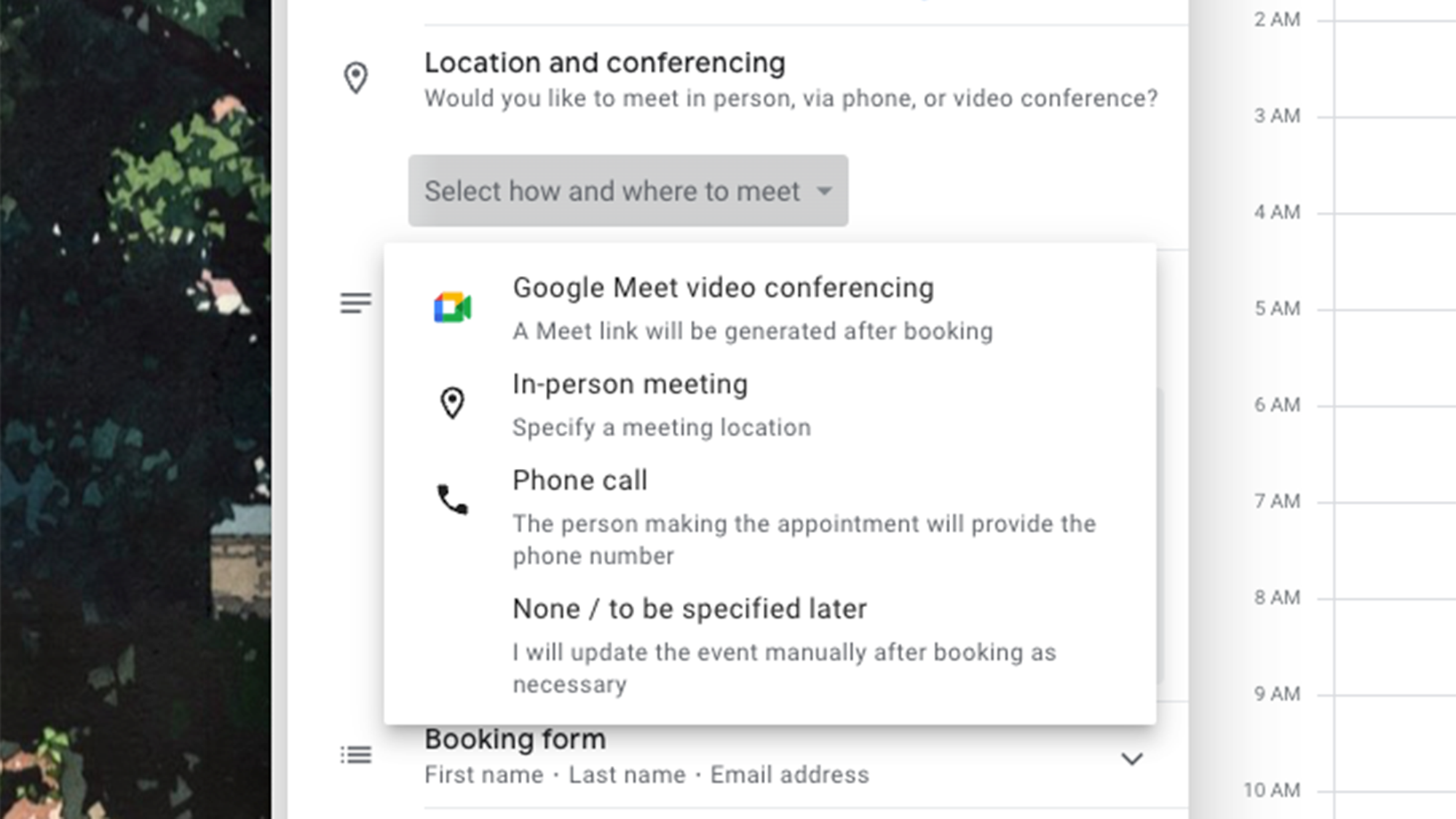 Google Calendar menu showing meeting options for appointment scheduling