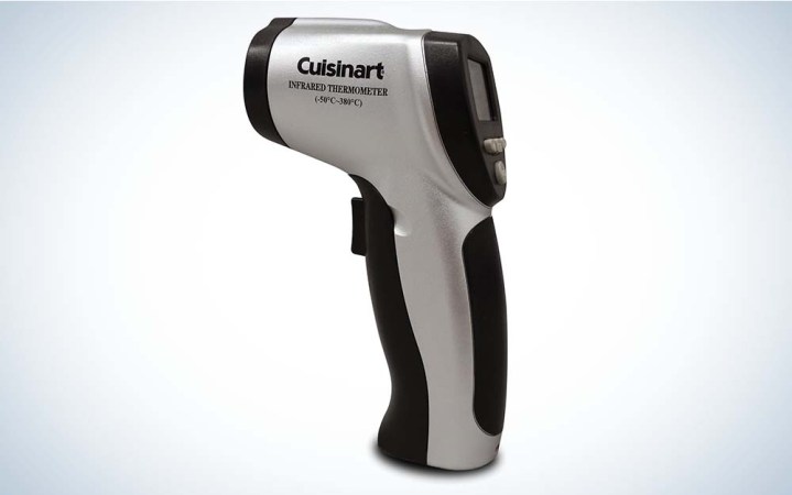  A side view of the gray and black Cuisinart CSG-625 Infrared Surface Thermometer against a plain background.