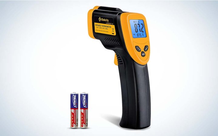  A yellow and black infrared thermometer gun made by Etekcity against a plain background.