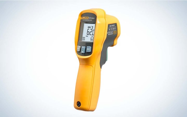  A yellow Fluke 62 Max Industrial Infrared Thermometer with an LCD screen against a plain background.