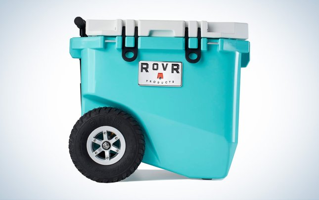 A glacier blue RovR RollR 45 Wheeled Cooler is placed against a white background with a gray gradient.