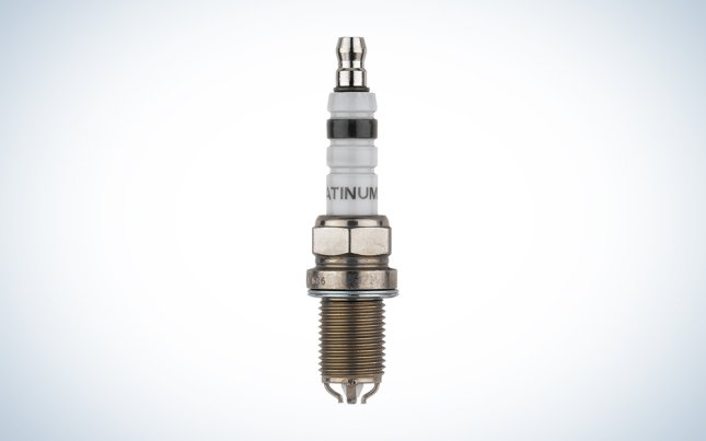 Bosch 4417 Platinum+4 FGR7DQP Spark Plug over a white background with a gradient