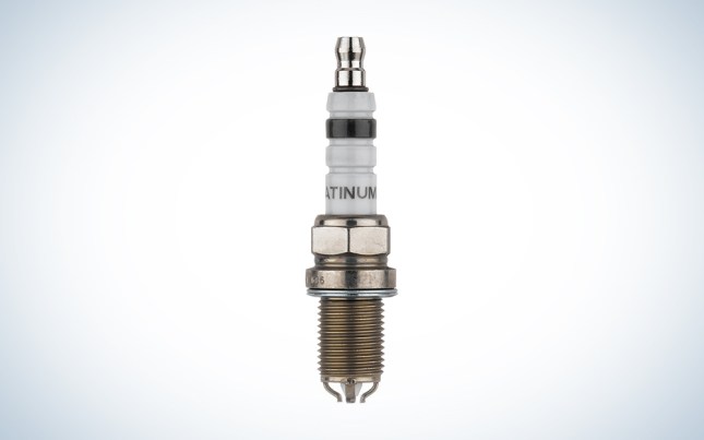 Bosch 4417 Platinum+4 FGR7DQP Spark Plug over a white background with a gradient