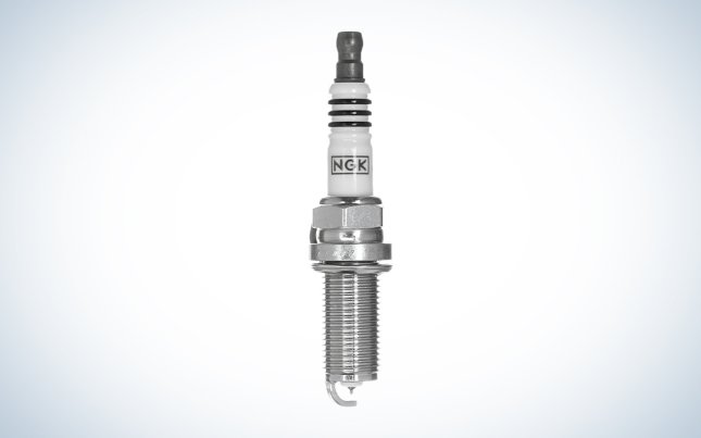 NGK Iridium Spark Plug on a white gradient background