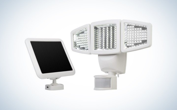  Sunforce Triple Head Solar Motion Light and solar panel on a white background