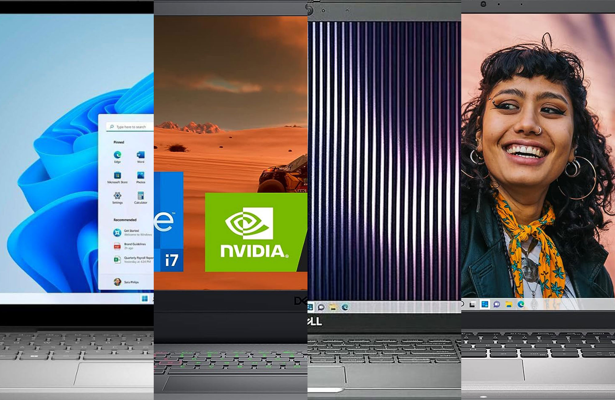 A lineup of the best Dell laptops cut into fours vertically.